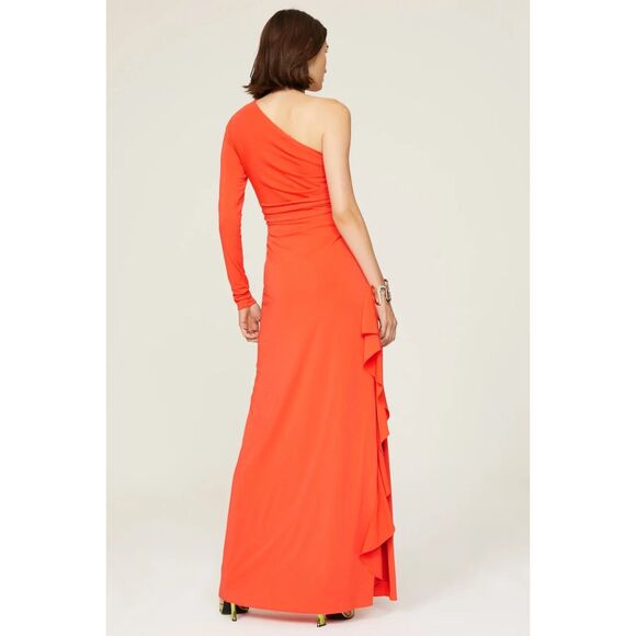 Halston Giana Asymmetrical One Shoulder Long Sleeve Jersey Dress in Orange Sz 0 - Picture 4 of 14